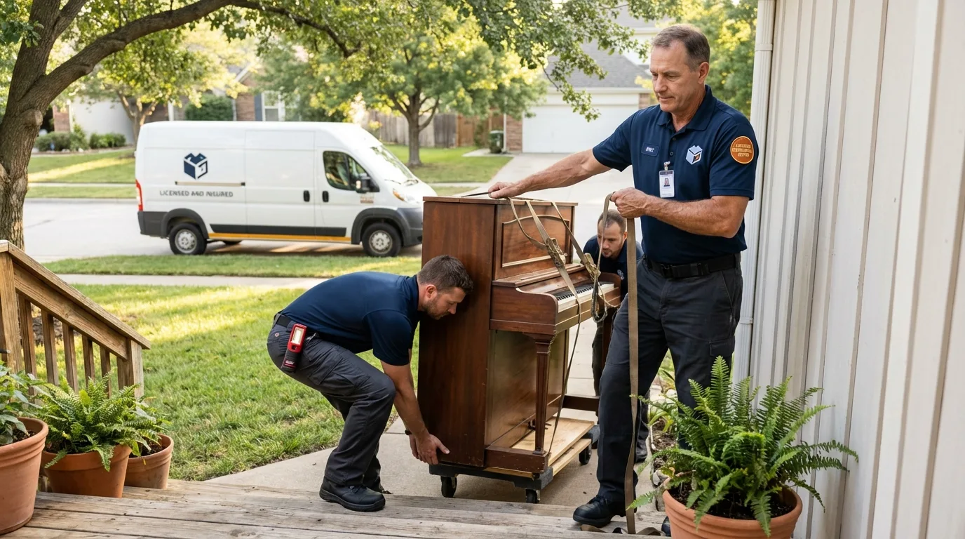 Licensed piano movers securing grand piano in Hudson, MA