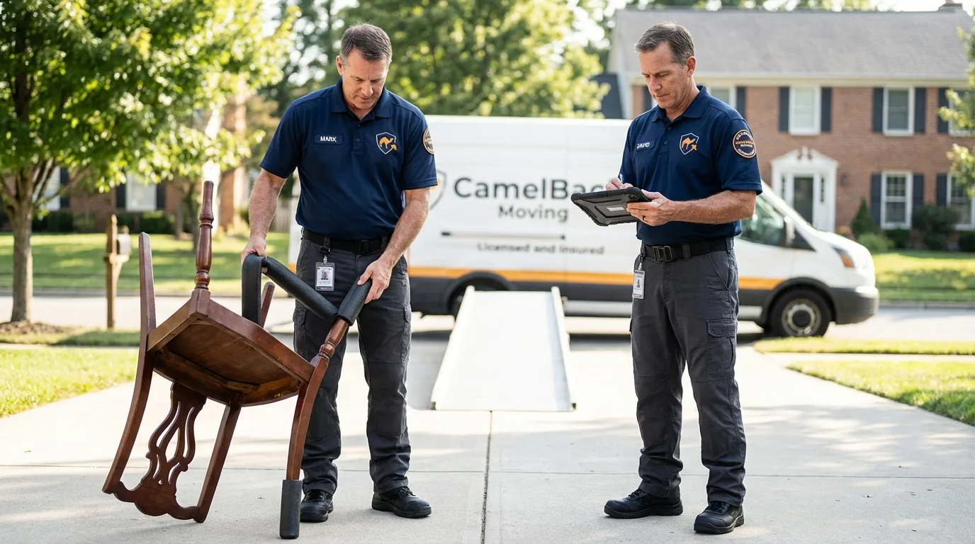 Movers inspecting furniture for damage prevention before loading in Hudson, MA