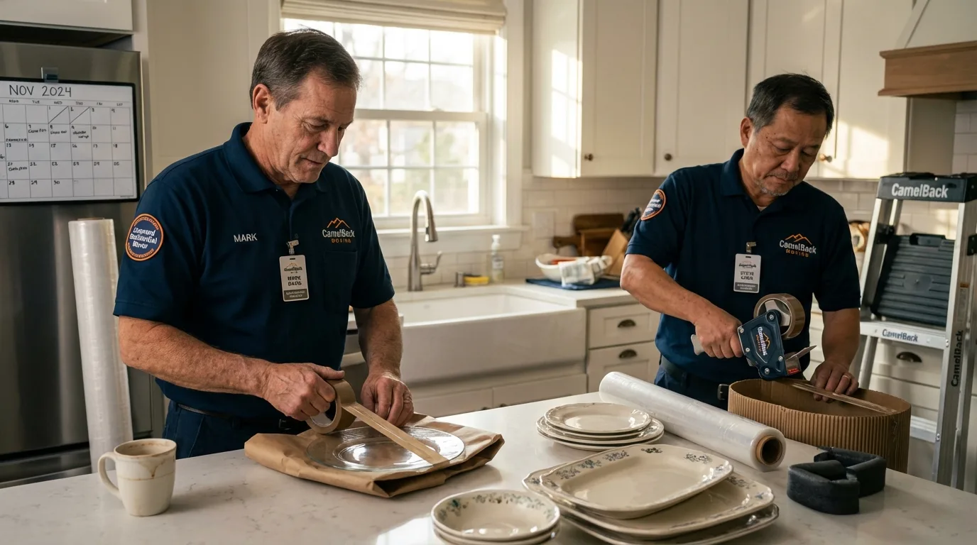 Professional crew packing kitchen dishware in Hudson, MA